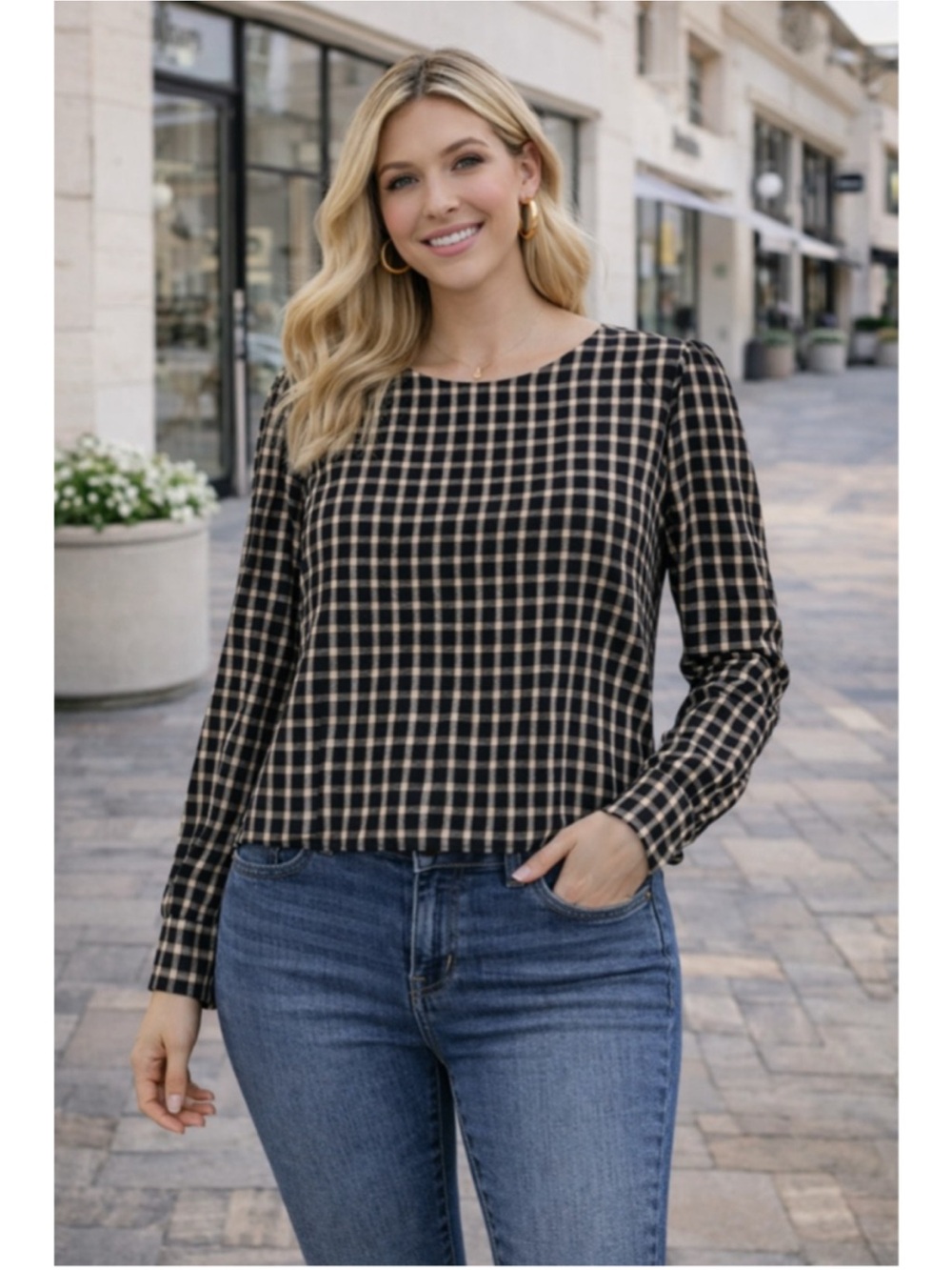 LOFT Navy and Gold Plaid Long-Sleeve blouse